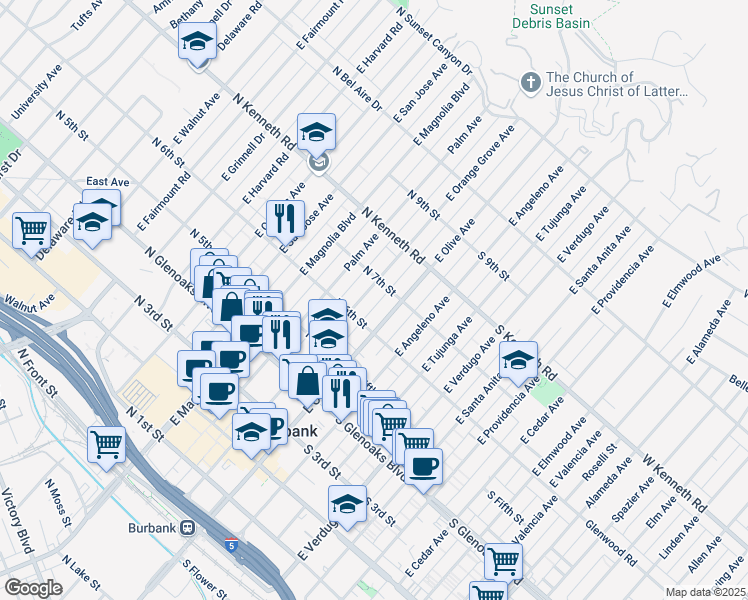map of restaurants, bars, coffee shops, grocery stores, and more near 621 East Olive Avenue in Burbank