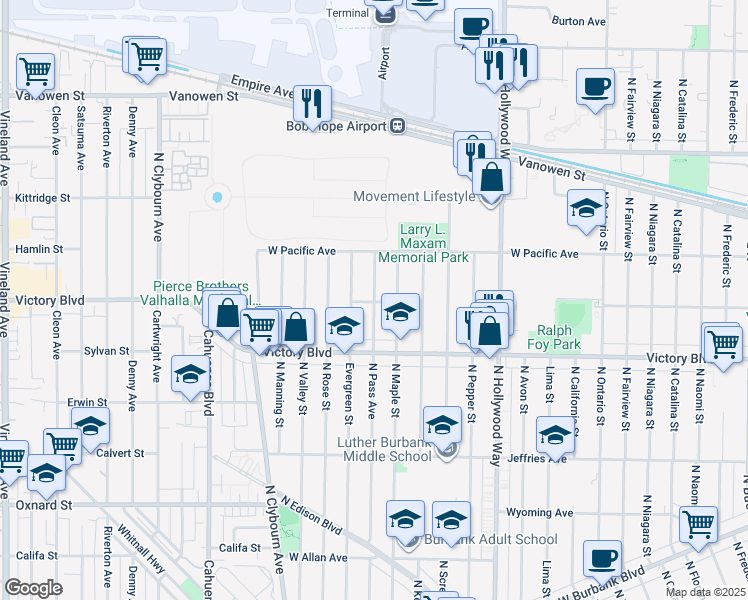 map of restaurants, bars, coffee shops, grocery stores, and more near 2046 North Pass Avenue in Burbank