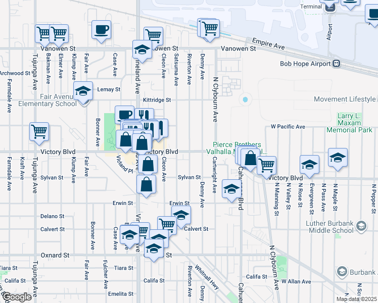 map of restaurants, bars, coffee shops, grocery stores, and more near 10808 Victory Boulevard in Los Angeles