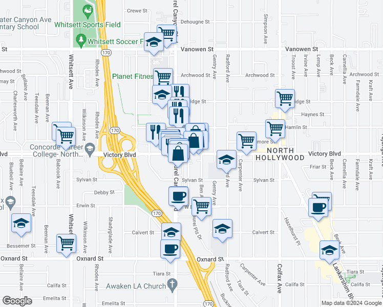 map of restaurants, bars, coffee shops, grocery stores, and more near 12020 Victory Boulevard in Los Angeles