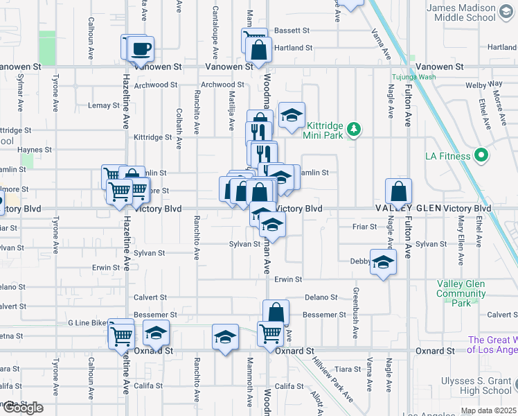 map of restaurants, bars, coffee shops, grocery stores, and more near 13736 Victory Boulevard in Los Angeles