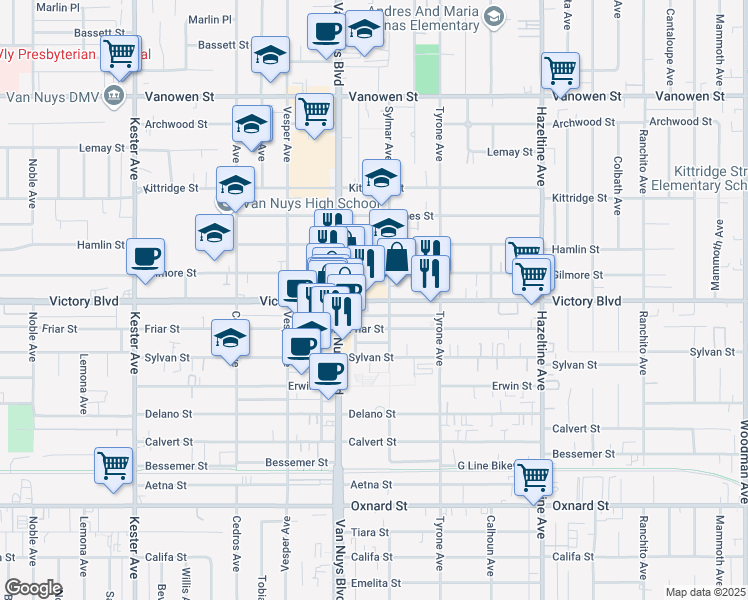 map of restaurants, bars, coffee shops, grocery stores, and more near 14426 Victory Boulevard in Los Angeles