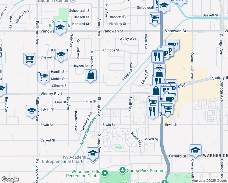 map of restaurants, bars, coffee shops, grocery stores, and more near 22301 Victory Boulevard in Los Angeles