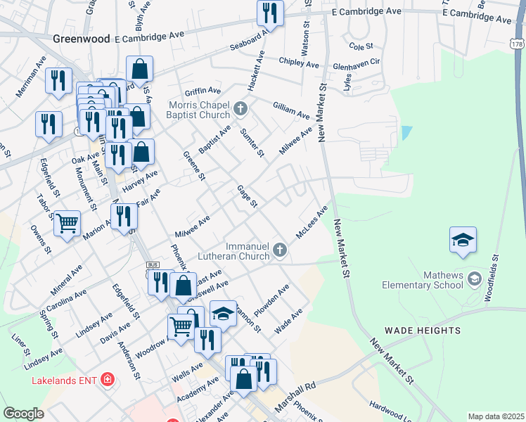 map of restaurants, bars, coffee shops, grocery stores, and more near 602B Taggart Avenue in Greenwood