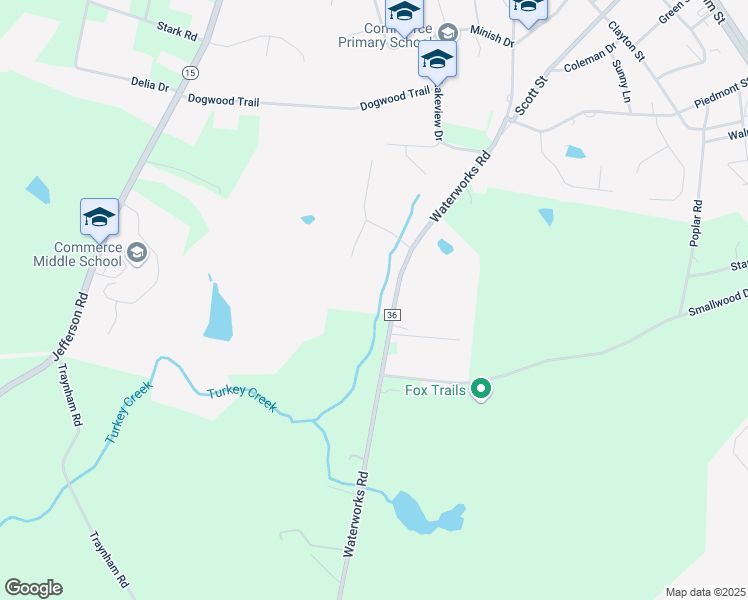 map of restaurants, bars, coffee shops, grocery stores, and more near 1044 Waterworks Road in Commerce