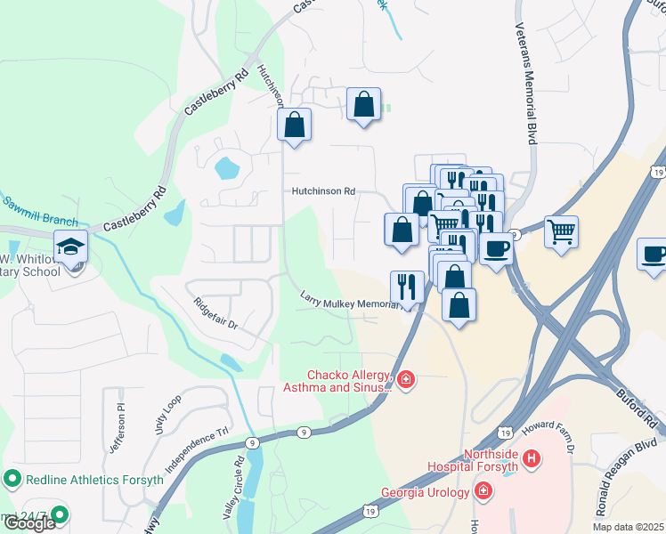 map of restaurants, bars, coffee shops, grocery stores, and more near 3702 Verde Glen Lane in Cumming