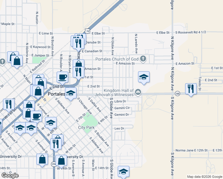 map of restaurants, bars, coffee shops, grocery stores, and more near 1101 East 3rd Street in Portales