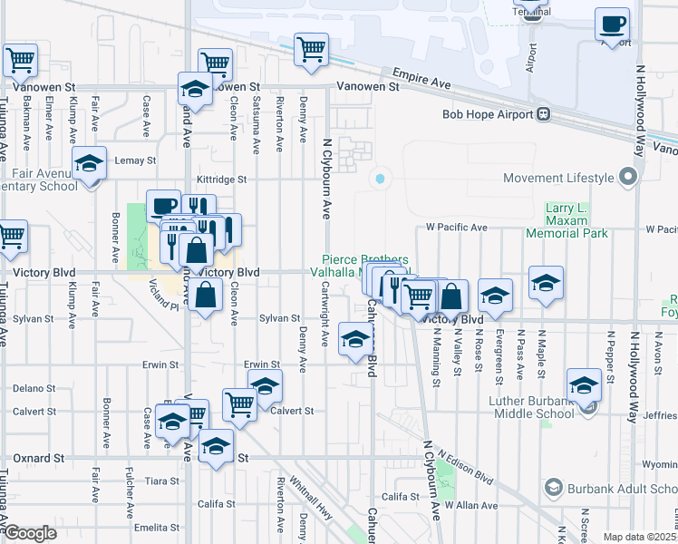 map of restaurants, bars, coffee shops, grocery stores, and more near 10646 Victory Boulevard in Los Angeles