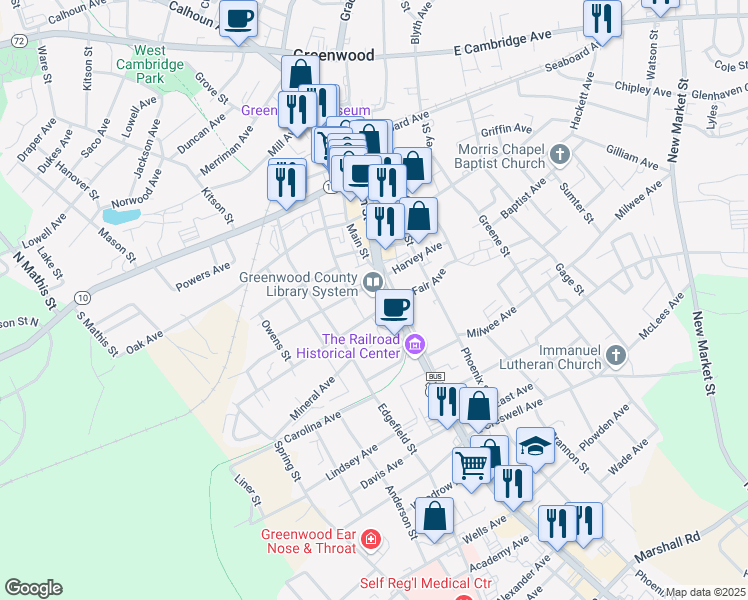 map of restaurants, bars, coffee shops, grocery stores, and more near 600 Main Street South in Greenwood