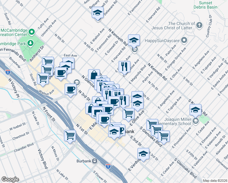 map of restaurants, bars, coffee shops, grocery stores, and more near 456 East San Jose Avenue in Burbank