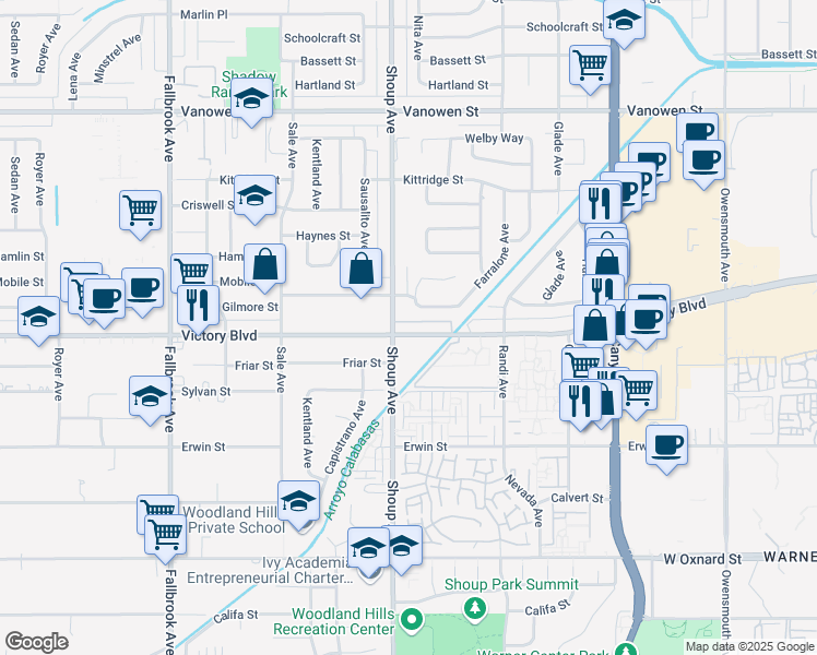 map of restaurants, bars, coffee shops, grocery stores, and more near 22357 Victory Boulevard in Los Angeles