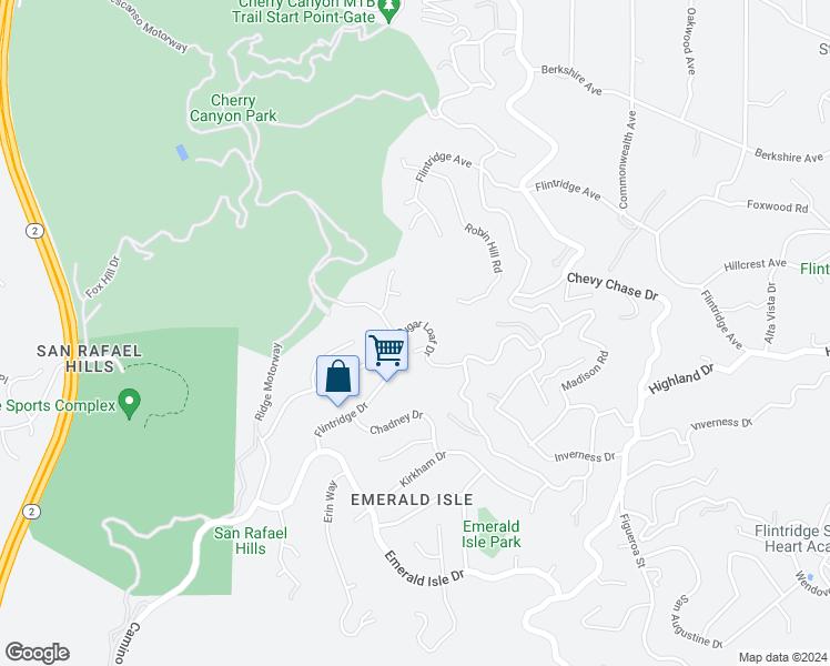 map of restaurants, bars, coffee shops, grocery stores, and more near 3820 Domal Lane in La Cañada Flintridge