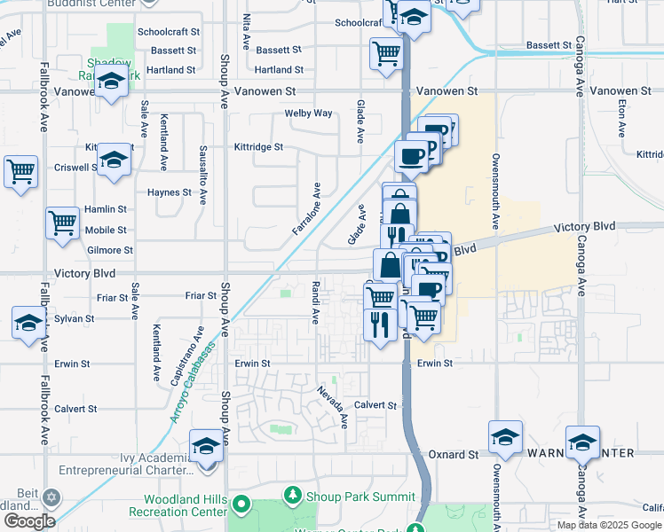 map of restaurants, bars, coffee shops, grocery stores, and more near 22133 Victory Boulevard in Los Angeles