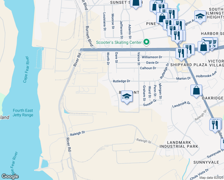 map of restaurants, bars, coffee shops, grocery stores, and more near 2830 Worth Drive in Wilmington