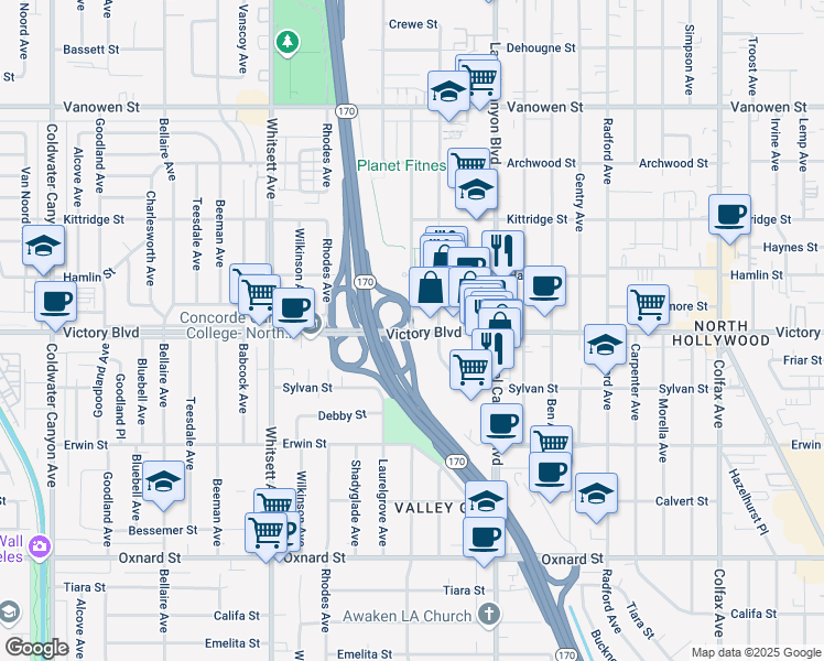 map of restaurants, bars, coffee shops, grocery stores, and more near Saint Clair Avenue in Los Angeles