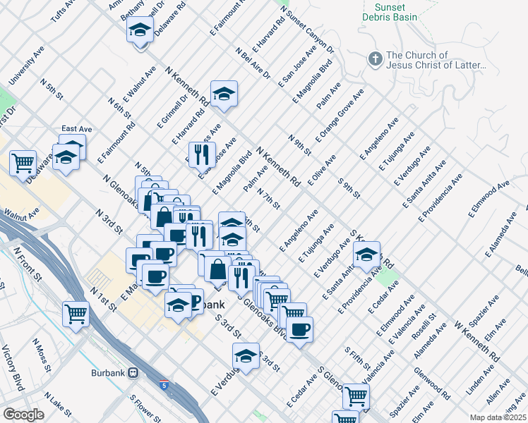 map of restaurants, bars, coffee shops, grocery stores, and more near 626 East Orange Grove Avenue in Burbank