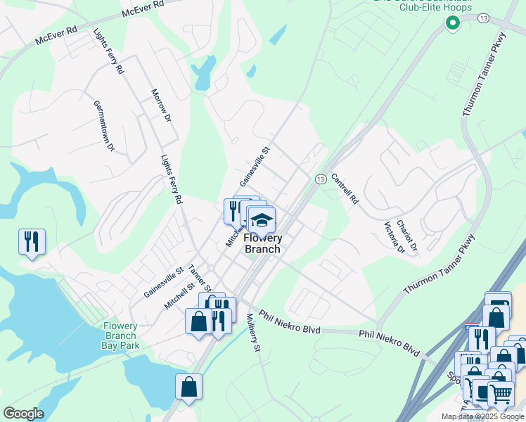 map of restaurants, bars, coffee shops, grocery stores, and more near 5314 Church Street in Flowery Branch