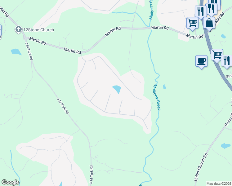 map of restaurants, bars, coffee shops, grocery stores, and more near 4776 Falling Brook Drive in Flowery Branch