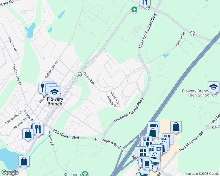 map of restaurants, bars, coffee shops, grocery stores, and more near 4807 Clarkstone Drive in Flowery Branch