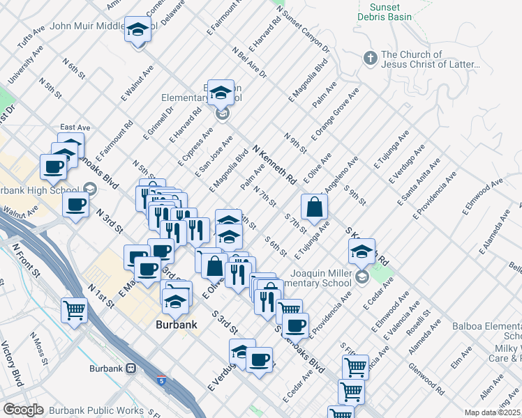 map of restaurants, bars, coffee shops, grocery stores, and more near 621 East Olive Avenue in Burbank
