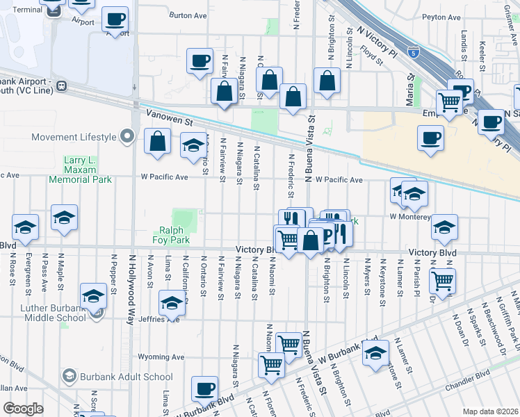 map of restaurants, bars, coffee shops, grocery stores, and more near 1706 North Catalina Street in Burbank