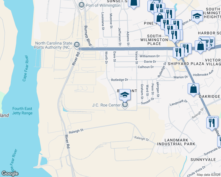 map of restaurants, bars, coffee shops, grocery stores, and more near 2830 Worth Drive in Wilmington