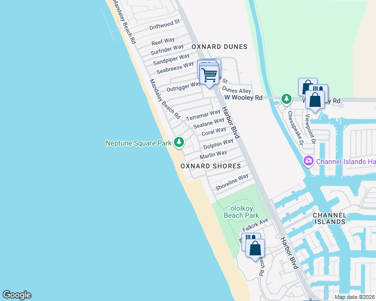 map of restaurants, bars, coffee shops, grocery stores, and more near 5143 Neptune Square in Oxnard