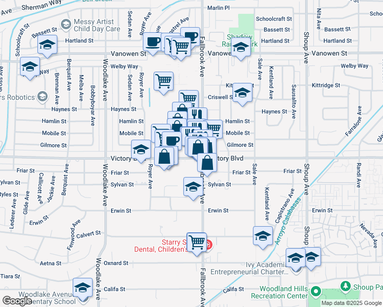 map of restaurants, bars, coffee shops, grocery stores, and more near 22815 Victory Boulevard in Los Angeles