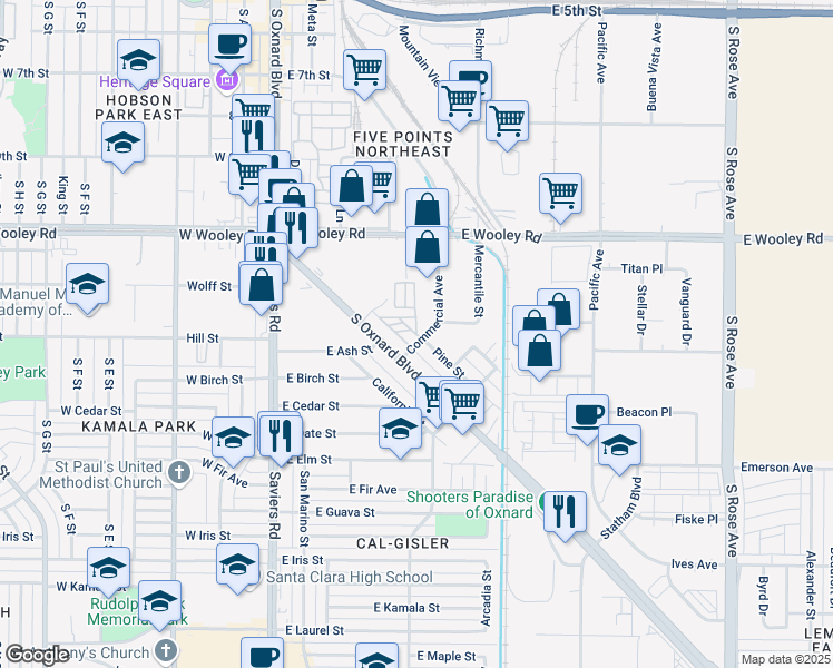 map of restaurants, bars, coffee shops, grocery stores, and more near A Street in Oxnard
