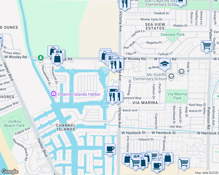 map of restaurants, bars, coffee shops, grocery stores, and more near 1421 Windshore Way in Oxnard