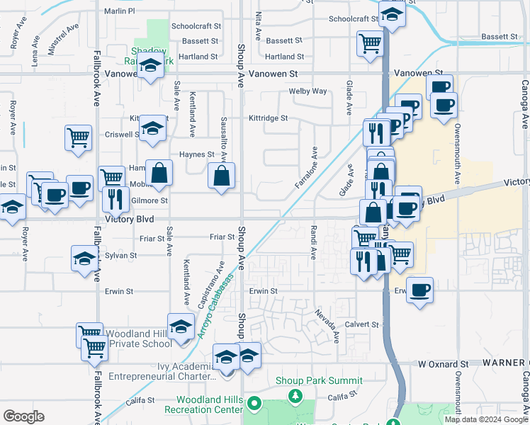 map of restaurants, bars, coffee shops, grocery stores, and more near 22301 Victory Boulevard in Los Angeles
