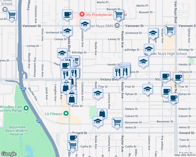 map of restaurants, bars, coffee shops, grocery stores, and more near 15053 Victory Boulevard in Los Angeles