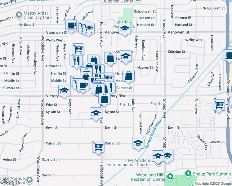 map of restaurants, bars, coffee shops, grocery stores, and more near 22711 Victory Boulevard in Los Angeles