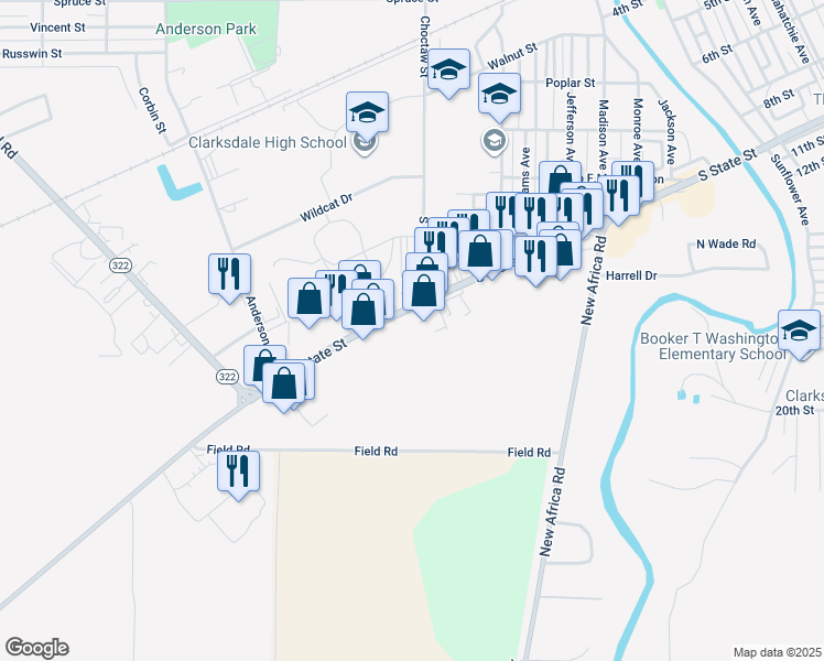 map of restaurants, bars, coffee shops, grocery stores, and more near 710 South State Street in Clarksdale