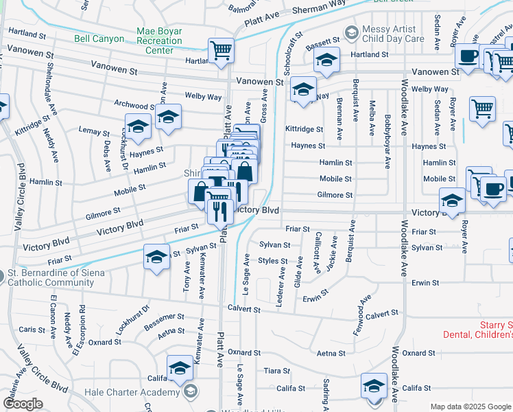 map of restaurants, bars, coffee shops, grocery stores, and more near 23549 Victory Boulevard in Los Angeles