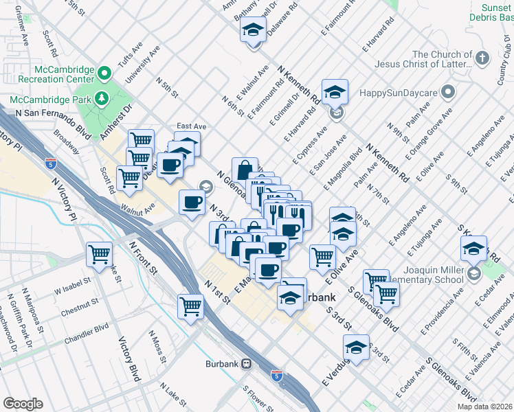 map of restaurants, bars, coffee shops, grocery stores, and more near North Glenoaks Boulevard & East Cypress Avenue in Burbank