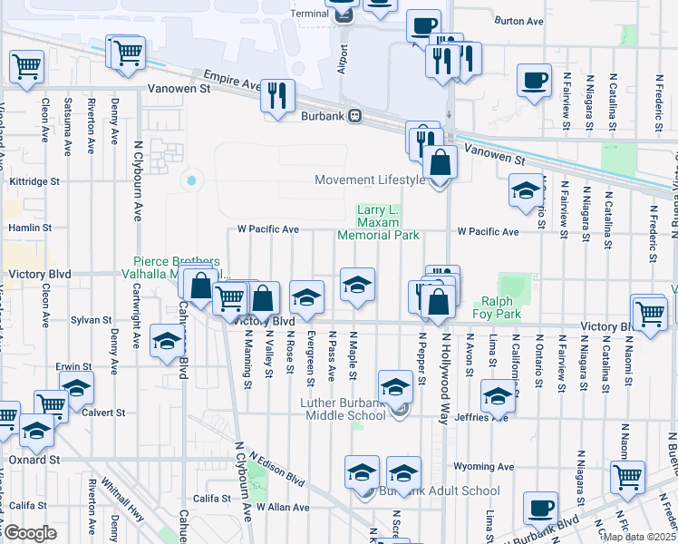 map of restaurants, bars, coffee shops, grocery stores, and more near 2100 North Pass Avenue in Burbank