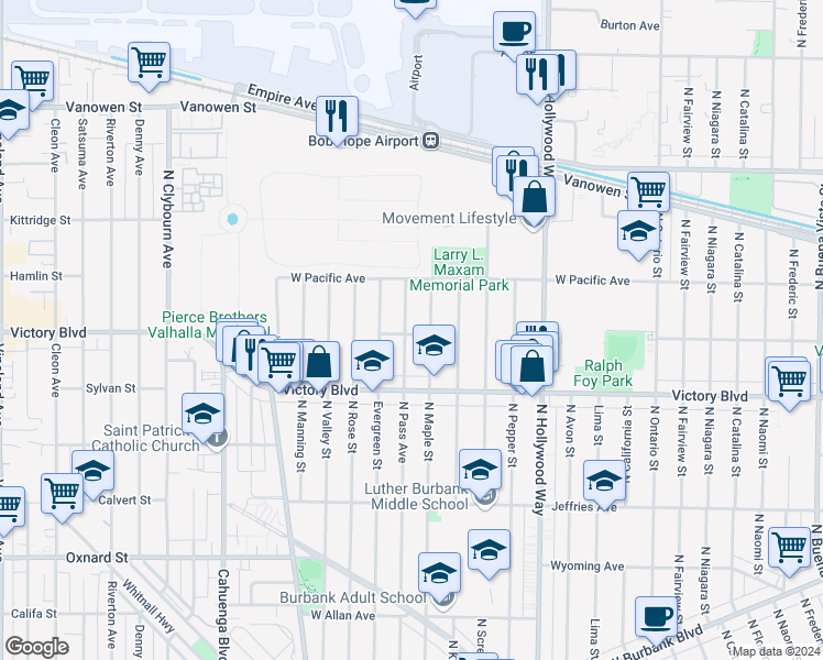 map of restaurants, bars, coffee shops, grocery stores, and more near 2100 North Pass Avenue in Burbank