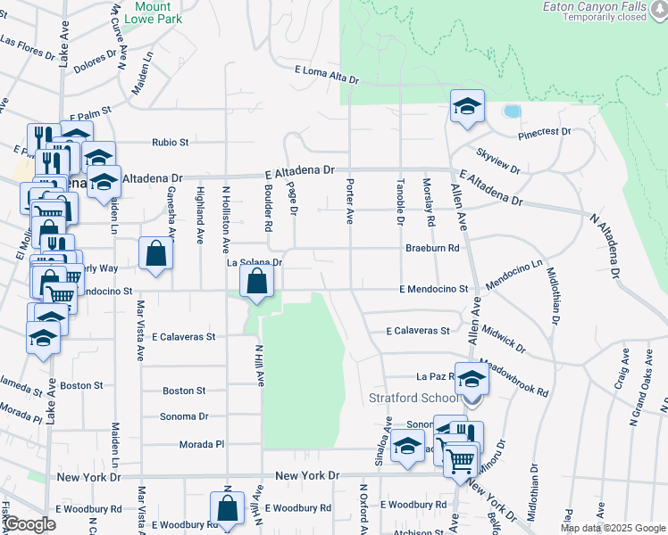 map of restaurants, bars, coffee shops, grocery stores, and more near 1534 Braeburn Road in Altadena