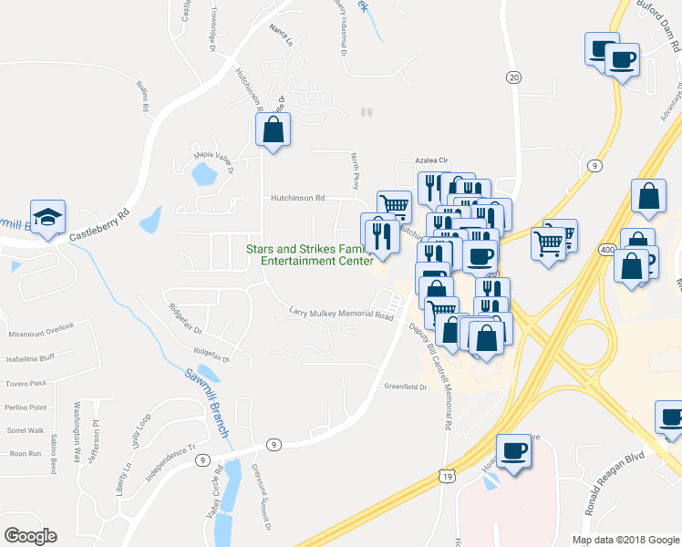 map of restaurants, bars, coffee shops, grocery stores, and more near 3721 Hutchinson Trace Drive in Cumming