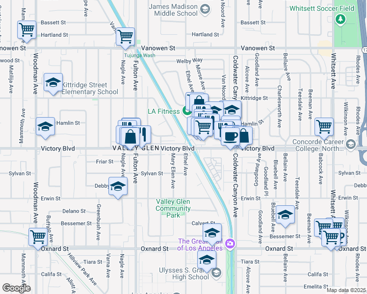 map of restaurants, bars, coffee shops, grocery stores, and more near 13120 Victory Blvd in Van Nuys