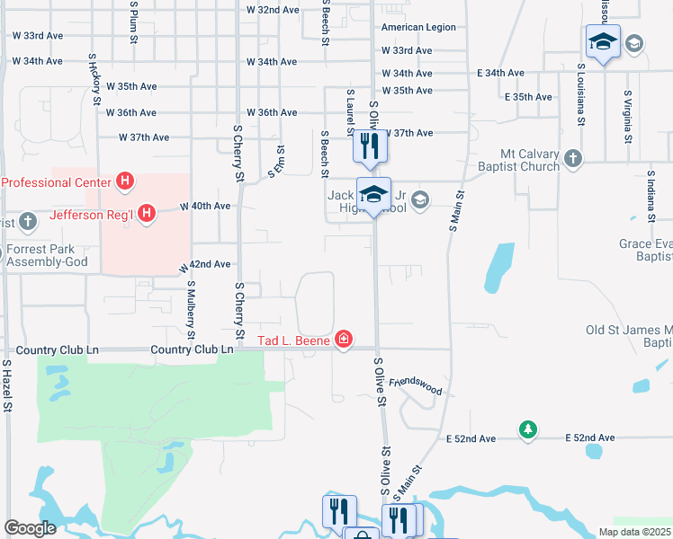 map of restaurants, bars, coffee shops, grocery stores, and more near 17 Elm Woods Circle in Pine Bluff