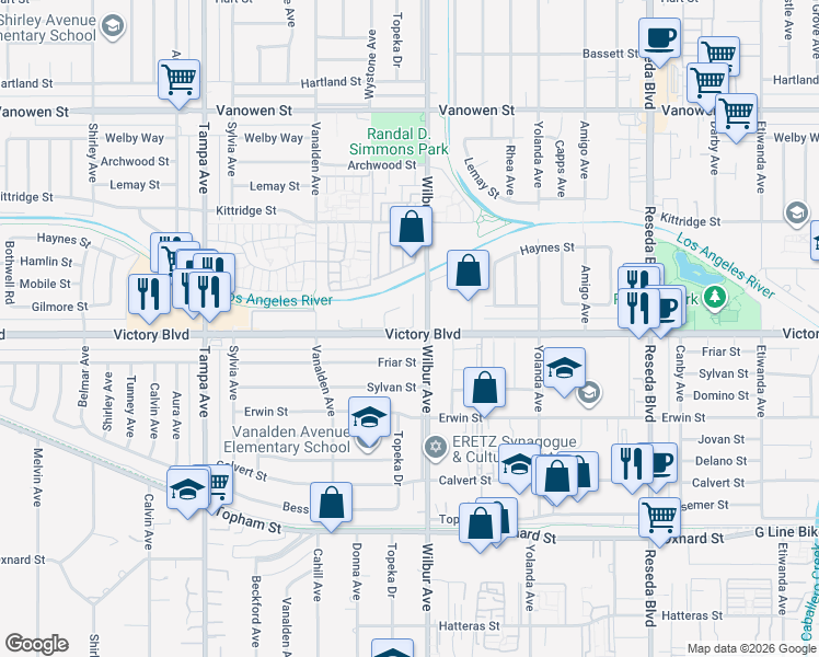 map of restaurants, bars, coffee shops, grocery stores, and more near 18902 Victory Boulevard in Los Angeles