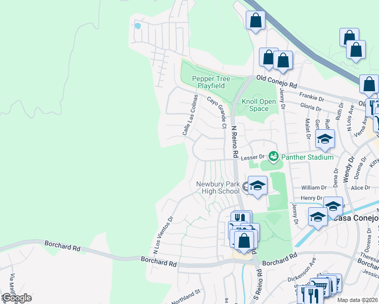 map of restaurants, bars, coffee shops, grocery stores, and more near 3862 Lesser Drive in Thousand Oaks