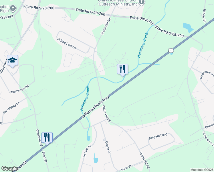 map of restaurants, bars, coffee shops, grocery stores, and more near 2054 U.S. 1 in Elgin
