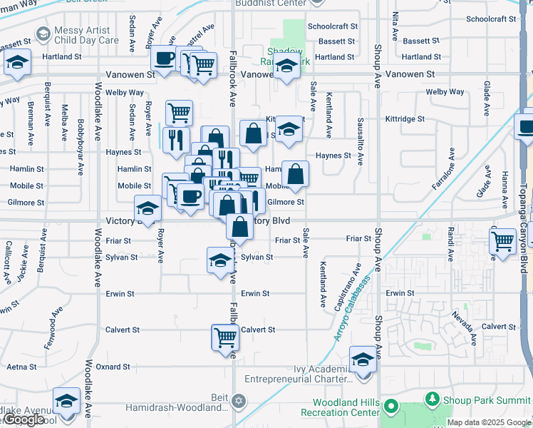 map of restaurants, bars, coffee shops, grocery stores, and more near 6401 Ponce Avenue in Los Angeles