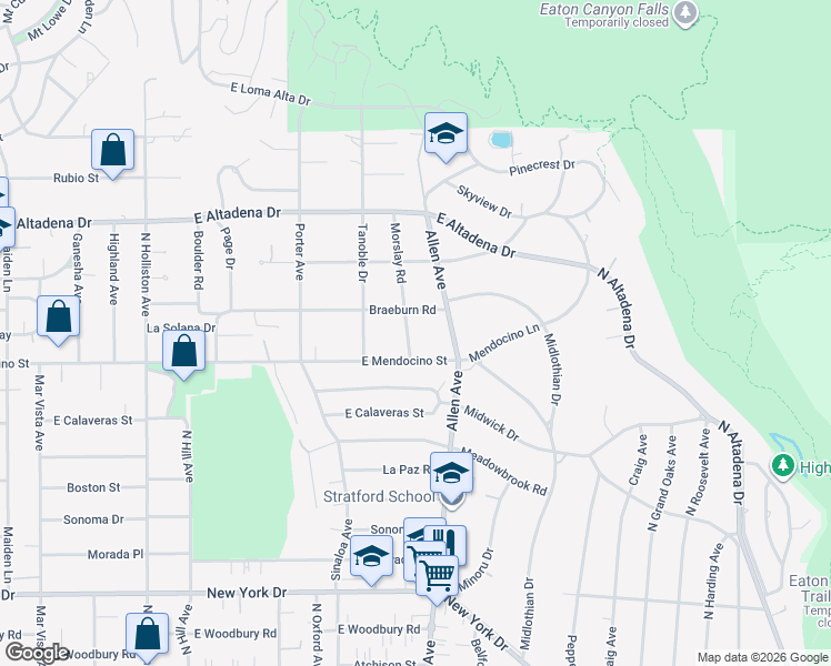 map of restaurants, bars, coffee shops, grocery stores, and more near 2378 Morslay Road in Altadena