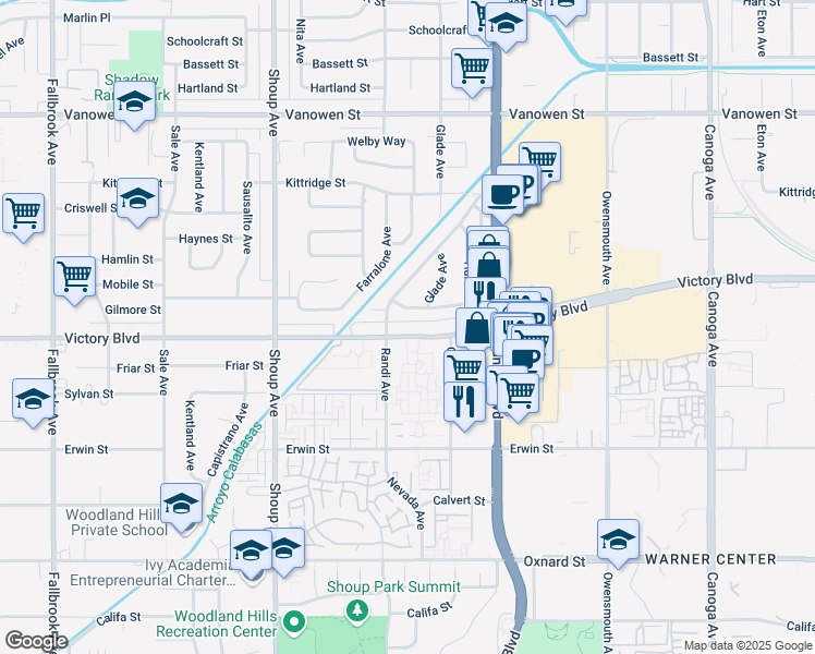 map of restaurants, bars, coffee shops, grocery stores, and more near 22133 Victory Boulevard in Los Angeles