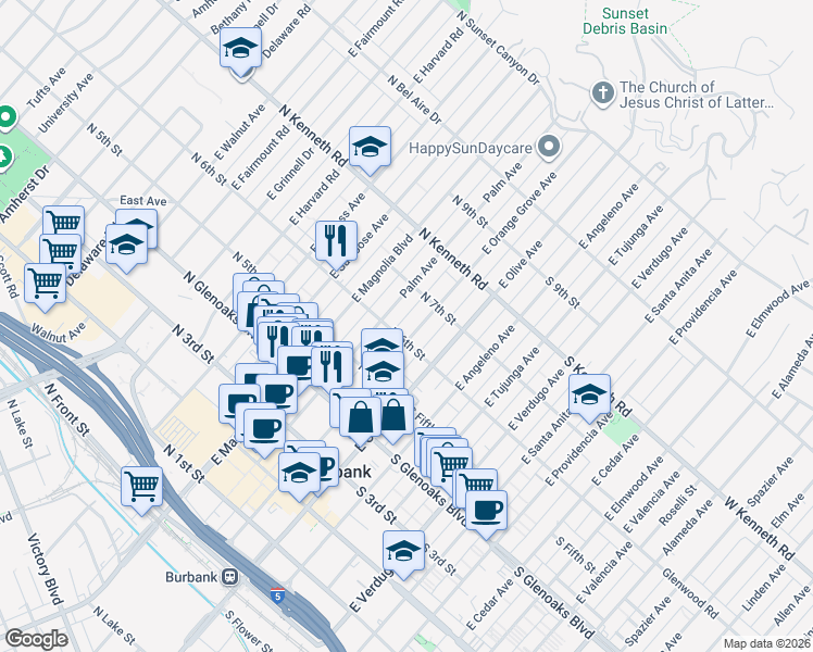 map of restaurants, bars, coffee shops, grocery stores, and more near in Burbank