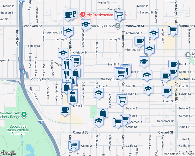 map of restaurants, bars, coffee shops, grocery stores, and more near 15050 Victory Boulevard in Los Angeles